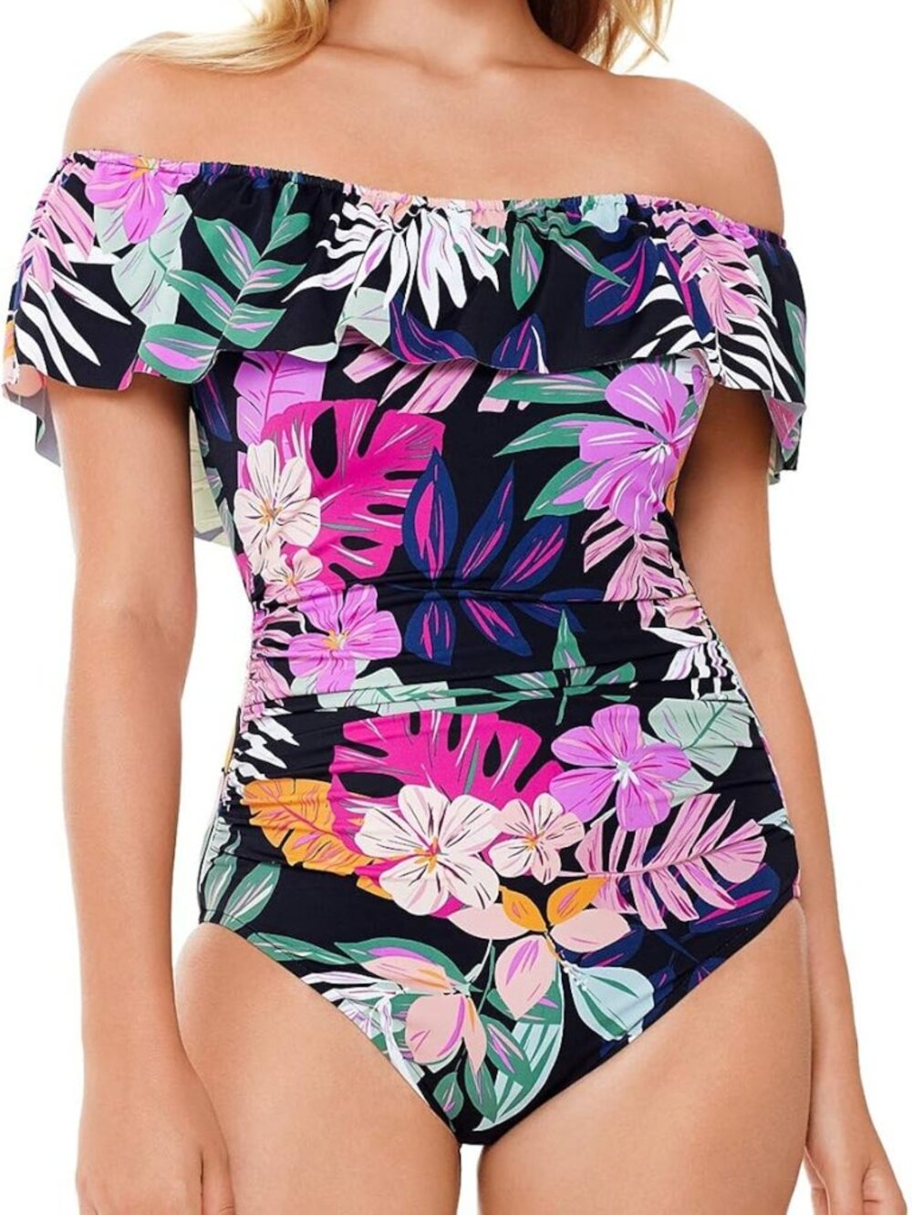Swim Solutions Womens Deco Printed Off The Shoulder Ruffle Tummy Control One PC